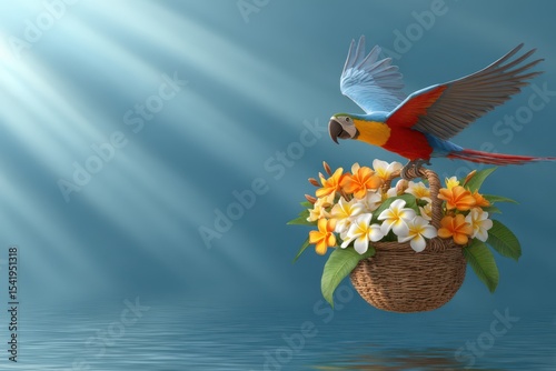 Tropical parrot carrying a basket with flowers
