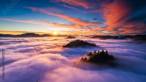 Misty Highland Valley Sunrise: Aerial View of Rolling Hills and Peaks