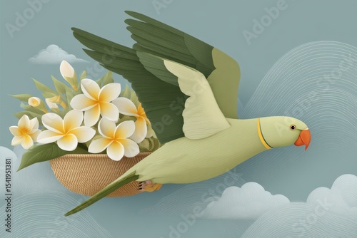 Tropical parrot carrying a basket with flowers