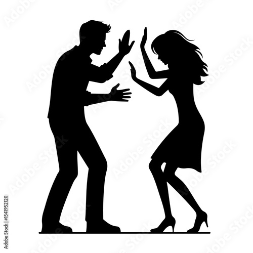 Aggressive Encounter Silhouette – Two Confronting Black Figures with Raised Hands on White Background