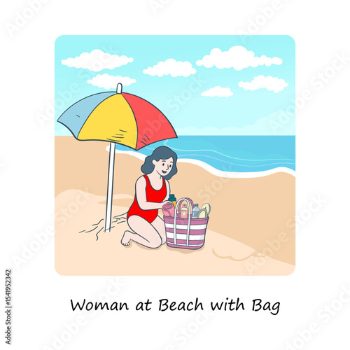 Woman at Beach with Bag Unwinding in a Seaside Escape hand drawn icon.