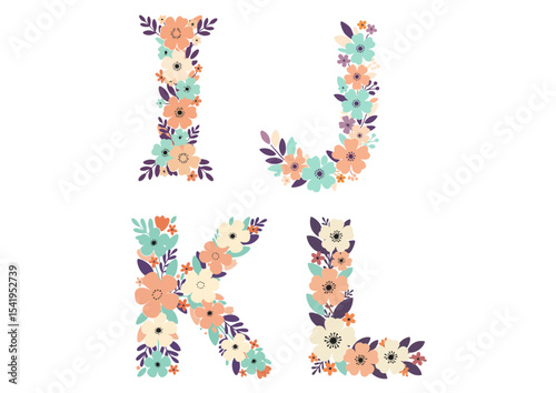 Floral letter I, J, K, L decoration with colorful flowers and leaves on transparent background