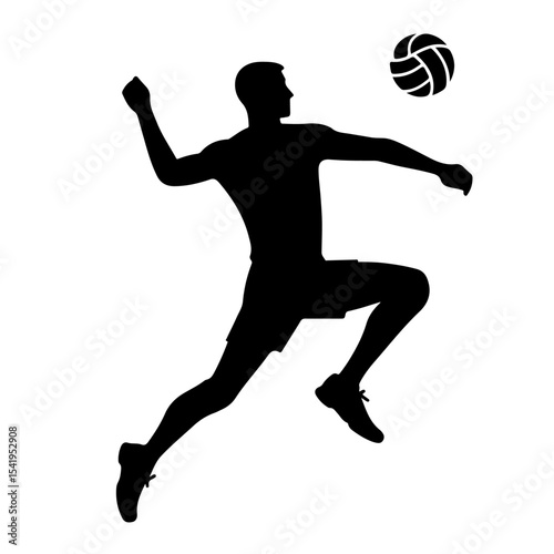 Volleyball Jump Silhouette – Black Figure in Air Spiking Ball on White Background