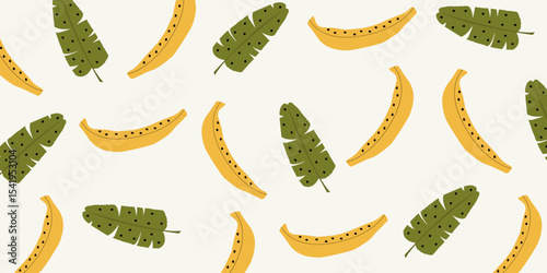 Seamless tropical banana pattern. Exotic summer fruit background. Minimal flat vector tropical food design. Vibrant banana illustration for fabric, wallpaper, or packaging.
