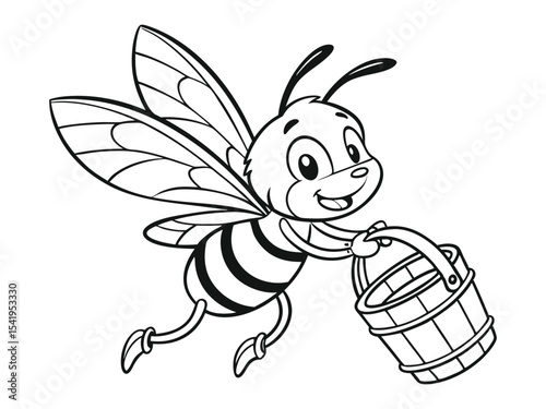 A cartoon bee is flying with a bucket of honey. Black and white vector illustration for coloring book