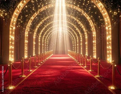 Illuminated golden stage podium on plush red carpet, grand glowing arches forming 