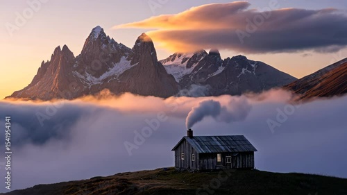 Misty Highland Valley Sunrise: Aerial View of Rolling Hills and Peaks