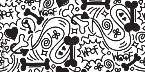 Dog Bone vector dog paw doodle Seamless pattern. Packaging paper design, pet food accessories package.