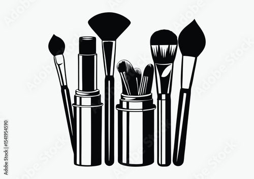 black and white brushes makeup line art silhouette, vector illustration on white background