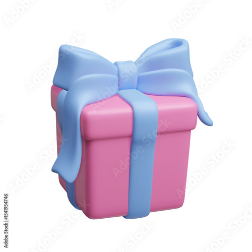 Pink birthday gift box with blue bow and ribbon 3D style vector icon. Birthday party surprise box celebration present. Win casino prize gift box 3D vector illustration. Festive reward bonus surprise.