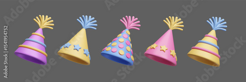 Colorful birthday hats 3D vector icon set. Different triangle cone hats: striped, dotted, with stars and tassels. Happy celebration surprise Birthday party decor. 3D festive party cap.