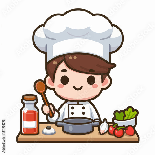 A cartoon chef with brown hair  a white hat is at a countertop preparing food in a grey pot with tomatoes garlic and lettuce