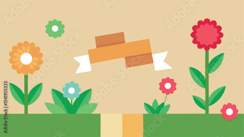 Colorful garden scene with flowers and ribbon on a transparency background