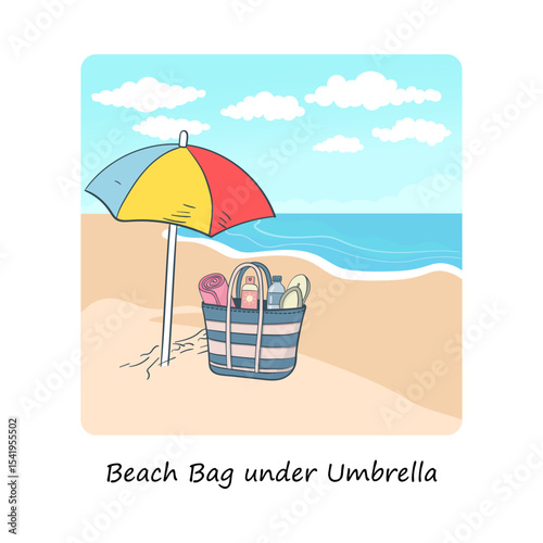 Beach Bag under Umbrella Sun Protection and Summer Relaxation hand drawn icon.