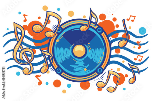 Colorful drawn loudspeaker with music notes - musical design