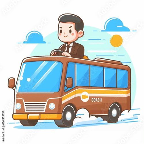 A cartoon coach bus with a driver on top against a sky scene with clouds and a sun