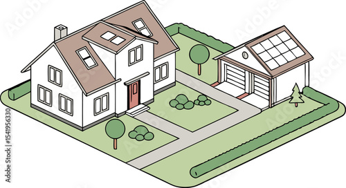 Isometric view of a house with a garage featuring solar panels surrounded by greenery and a pathway scene