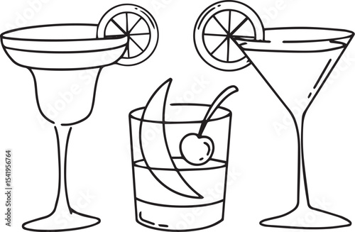 set of cocktails Cocktail Vector Outline Minimalist Line Art of Gin, Mojito, and Alcoholic Drinks for Bar & Party Design