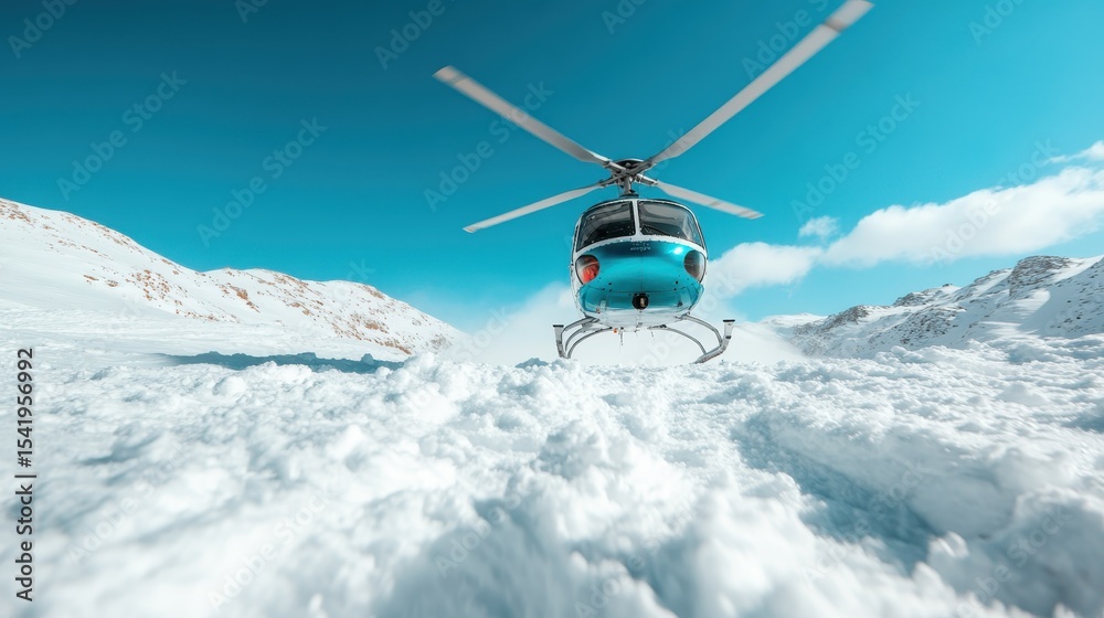 Obraz premium A striking blue helicopter hovers majestically over a pristine snowy landscape amidst breathtaking mountains, showcasing nature's grandeur and technological brilliance.