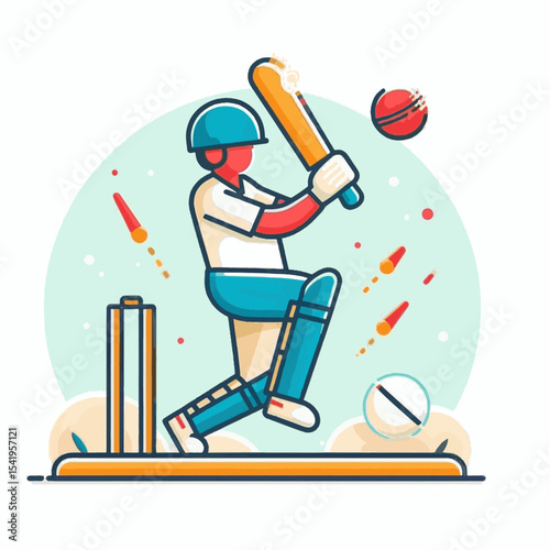A cartoon cricket player is striking the ball with a bat by the cricket wicket
