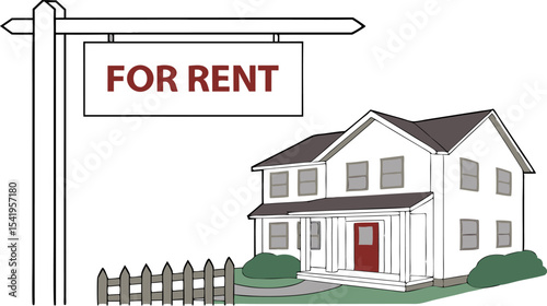 Illustration of a two story house with a for rent sign and a picket fence in front of the yard