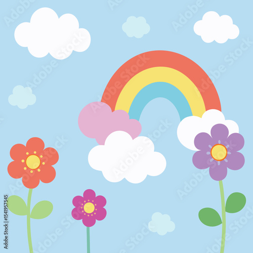 Colorful illustrated rainbow clouds flowers set in bright blue sky background