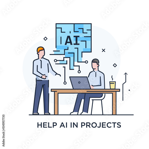 illustrations concept with businessmen. technology, partnership, artificial intelligence business robot, cybes. linear illustration Icons infographics. Landing page site print poster. Line story