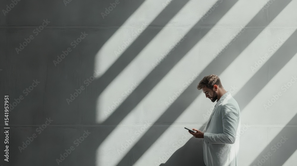 Fototapeta premium A stylish man in a suit absorbed in his phone, illuminated by shadows from overhead lights, depicting the modern professional lifestyle and the connection of technology.