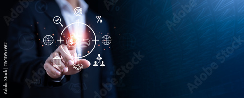 Future finance technology and global business economy innovation, digital banking, percentage growth, business handshake deal, strategy analytics, and secure financial management dashboard