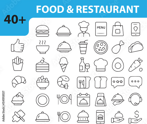 Food and Restaurant Line Icons Set,  Editable Vector Symbols for Dining, Cooking, Menu, and Culinary Services

