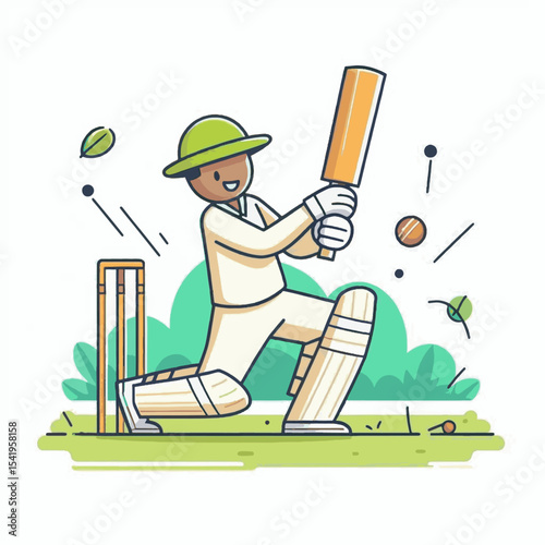 A cartoon cricketer swings at a ball near wickets with a background of grass  leaves