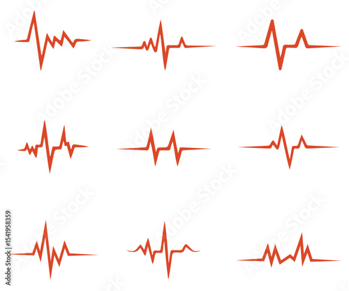 heartbeat line collection. Heartbeat icon collection. Set of red cardiology pulse icons. Heartbeat icons in red. Medical heartbeat symbol collection