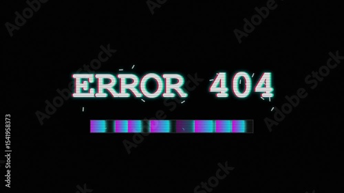 error 404 animation with glitch effect, digital artifact, distorted text, neon sign, abstract composition
