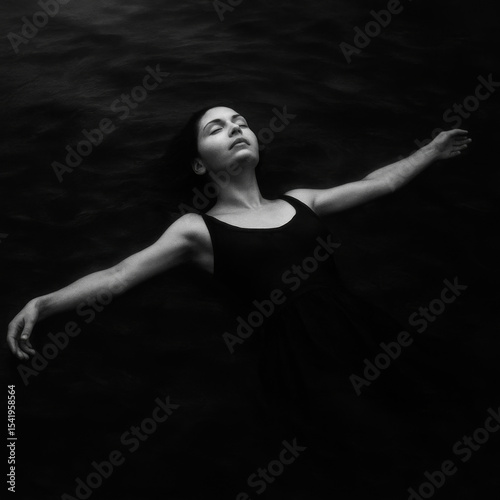 Serene woman in a black swimsuit floats on her back in dark water, eyes closed. Peaceful, minimalist black and white image evoking tranquility.