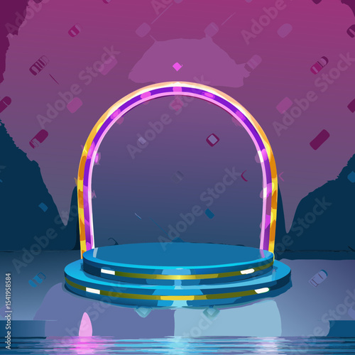 Futuristic neon lit 3d podium mockup for product display showcase with glowing ring technology concept modern exhibition stage