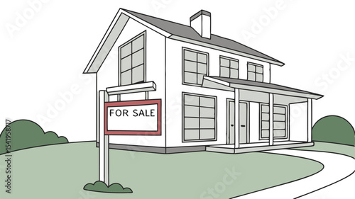 Illustration of a house with a for sale sign in front yard and a walkway leading to the house