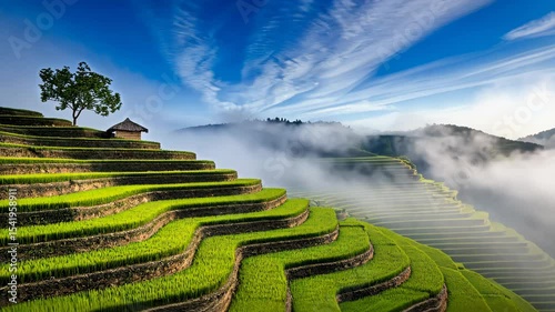 Misty Mountain Rice Terraces Landscape with Hut