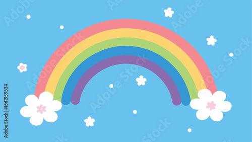 Colorful rainbow with flowers and dots on a sky blue background  cheerful vector illustration