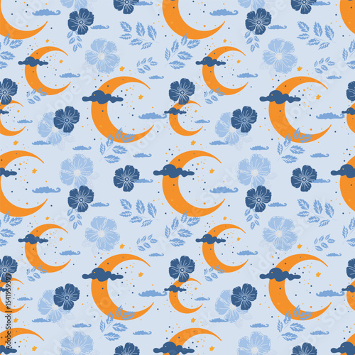 A pattern with the image of the sun, moon and stars, flowers. Vector illustration of yellow and blue colors. The zodiac star.