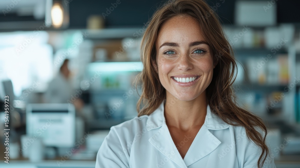 Fototapeta premium A cheerful woman wearing a lab coat smiles warmly, representing confidence and professionalism in a medical or scientific environment, ready to assist.