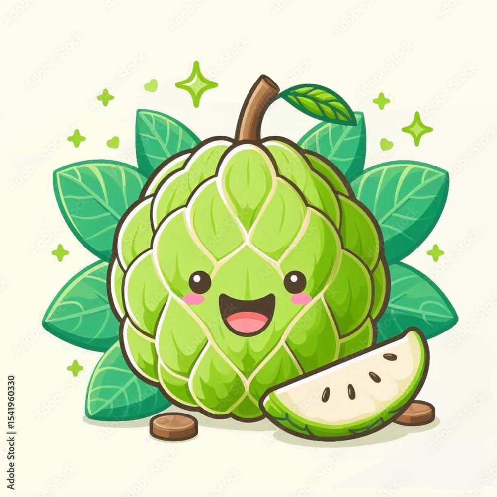 Fototapeta premium A cartoon custard apple smiles next to leaves and a slice