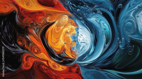 An abstract artwork depicting two swirling, organic forces—one in vibrant orange and yellow, the other in cool blue and teal—separated by a green flowing element
