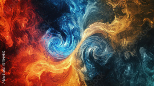 An abstract artwork depicting two swirling, organic forces—one in vibrant orange and yellow, the other in cool blue and teal—separated by a green flowing element