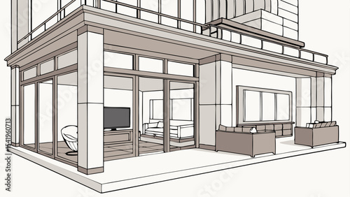 Illustration of a modern apartment balcony with furniture and glass doors on a high rise building