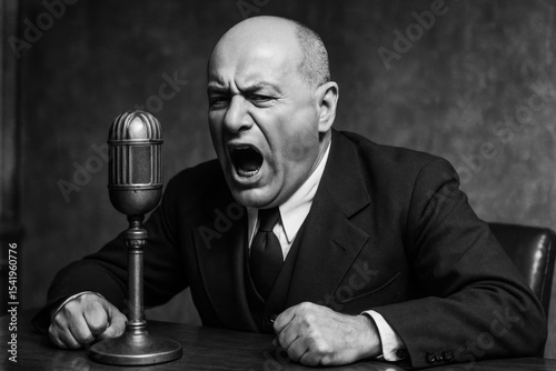Dramatic black and white portrait: an angry, bald man in a suit shouts forcefully into a vintage microphone, sitting at a desk.