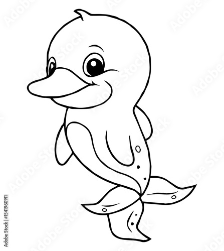 A cartoon dolphin with large eyes smiles posed as if swimming Black outlines define it against a white background
