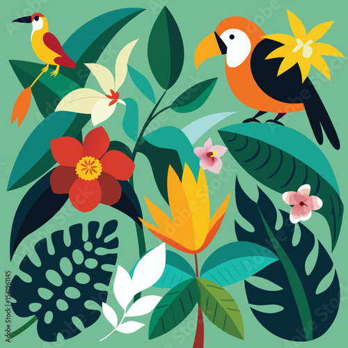 Colorful tropical birds and floral elements design with transparency on white background