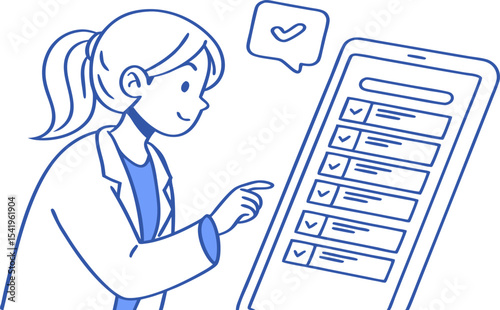Illustration of a woman in a lab coat interacting with a checklist on a mobile phone screen displayed