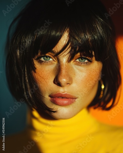 Close-up Portrait of Woman with Bob Hair and Freckles: Bright Yellow Turtleneck, Intense Gaze, Colorful Shadow