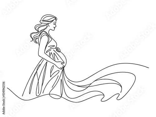 Continuous drawing line art of a pregnant woman. Hand-drawn one line